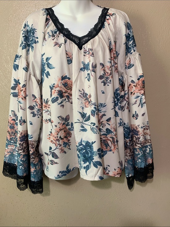 Tops - Floral Lace-Trim Peasant Blouse - size M Blue & Blush